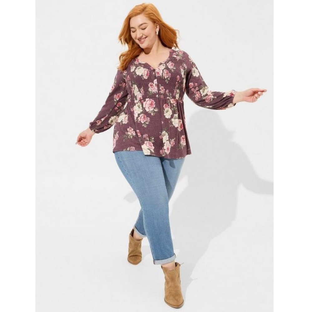 Large, 1X, 4X - TORRID - Jersey Raglan Smocked Henley Babydoll Top Stretch NEW - Picture 4 of 5